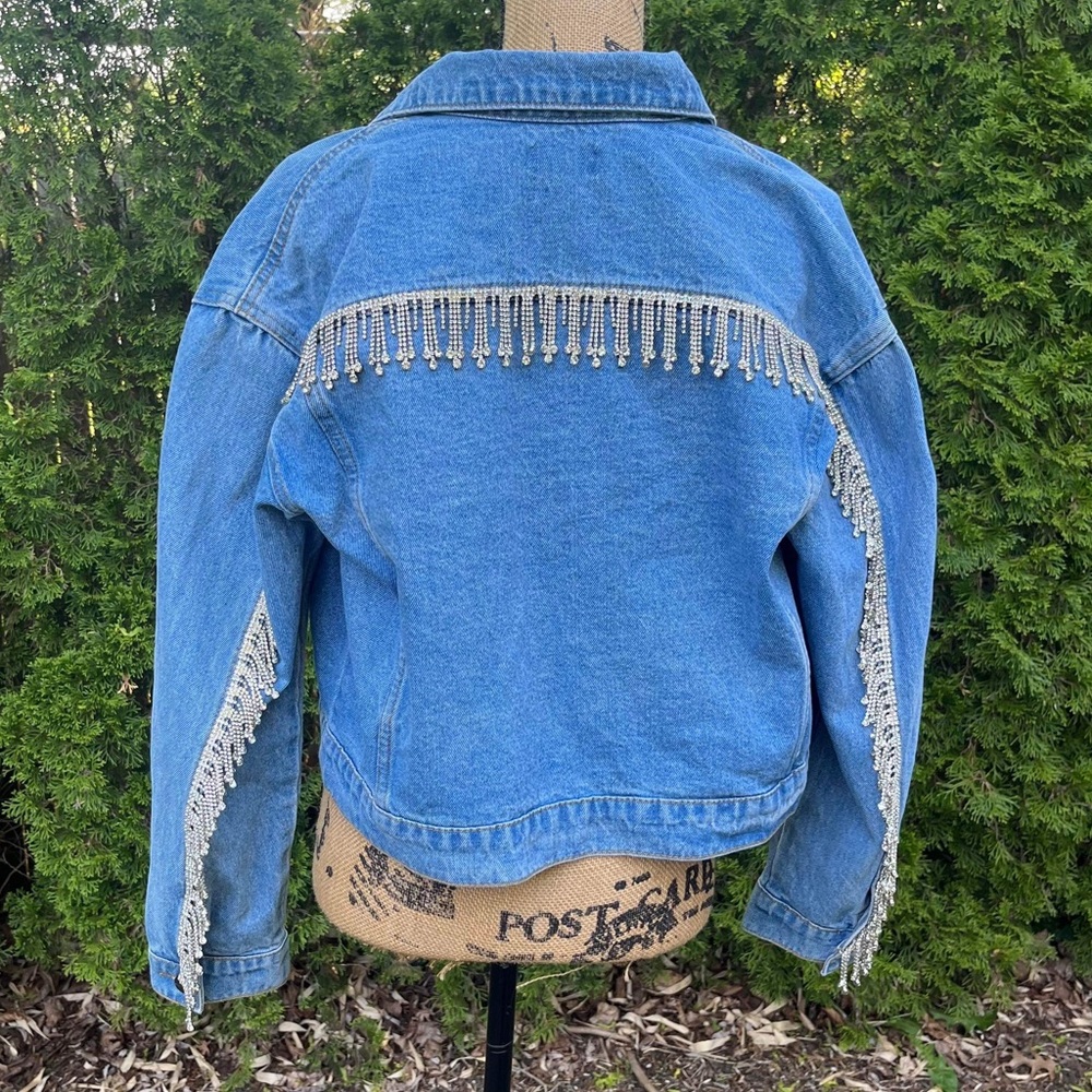 NWOT Revolve Superdown Rhinestone Fringe Denim Jacket - Picture 8 of 10
